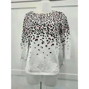 Talbots Pima Cotton Bateau Neck 3/4 Sleeve Shirt White W/Pink Cheetah Print Med